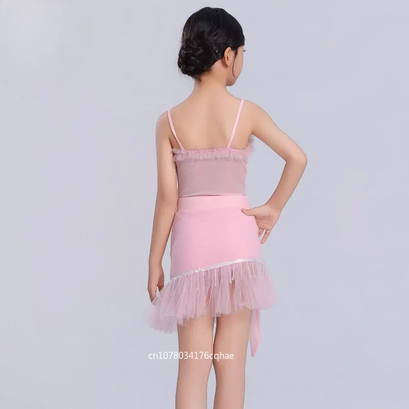 

Kids Latin Dance Outfit Pink Spaghetti Strap Ruched Bodice Tulle Skirt Children's Salsa Tango Dance Wear for Competition