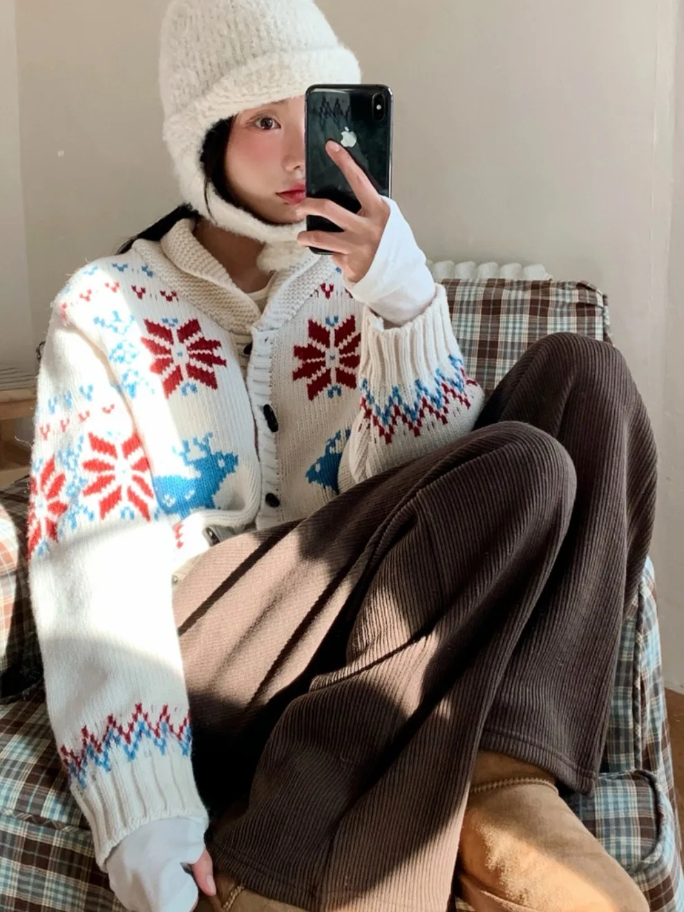 

JLins New Sle Deer Snowflake Pattern Color Matched Button Knitted Sweater Cardigan Women's Faion Spring Autumn Clothes
