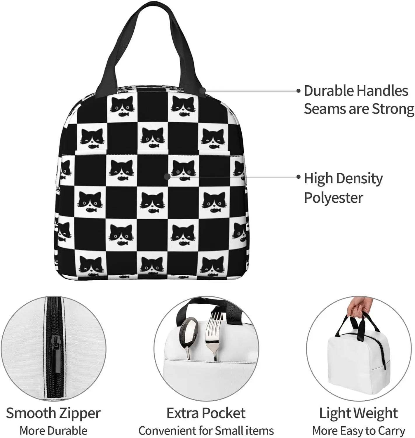 Cat Black And White Plaid Background Lunch Bag Compact Tote Bag Cat Kitten Checkered Reusable Lunch Box Container For Women Men