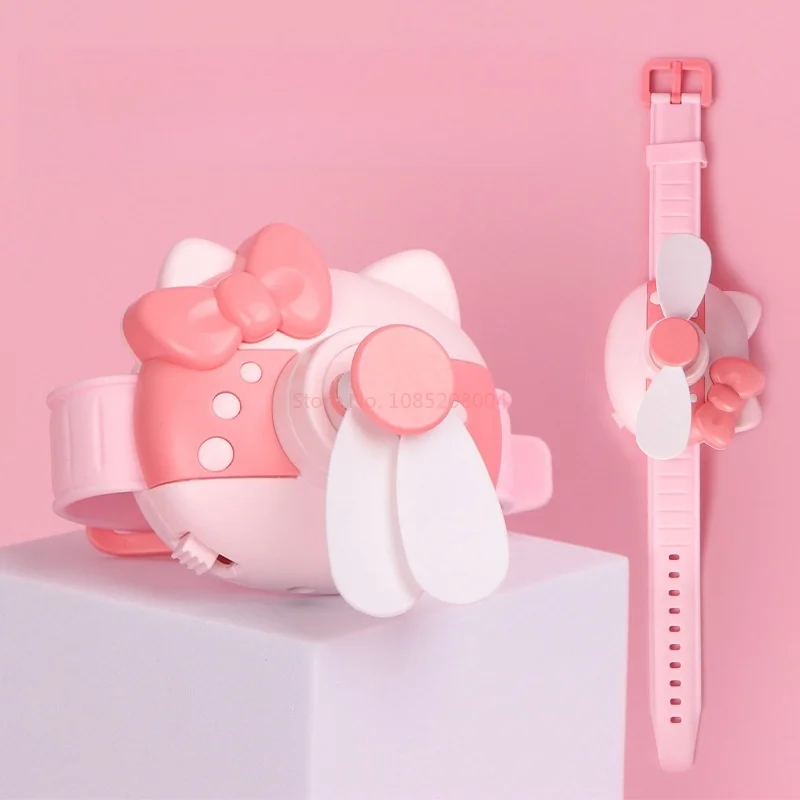 New Sanrio Hello Kitty Cute Mini Fan Watch Design For Children Portable Fan Soft Safe Strong Wind Usb Ventilation Rechargeable