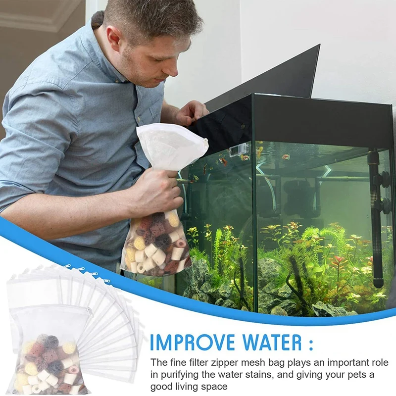 ABPP-15PCS Tas Filter Media Jaring Akuarium, Tas Jaring Filter Media Nilon dengan Ritsleting (untuk Karbon Partikulat), Bola Bio