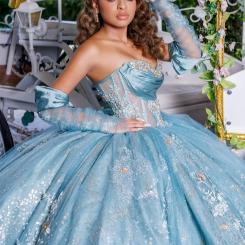 Aqua bleu brillant princesse hors De l'épaule douce 16 robe robes De Quinceanera appliques perles tulle fête d'anniversaire robes 15 De