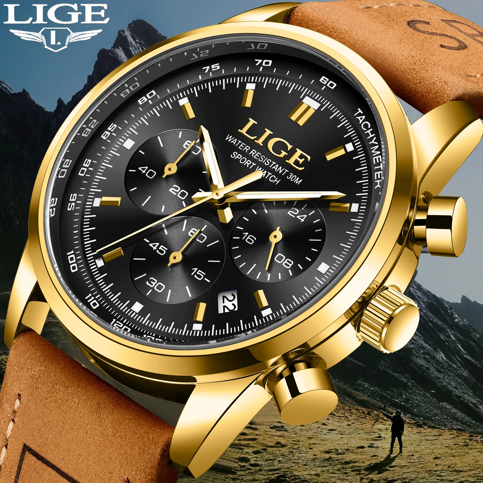 LIGE Fashion Quartz Men Leather Watch Top Brand Luxury Military Chronograph Waterproof Clock Sports Watch Relogios Masculino+BOX