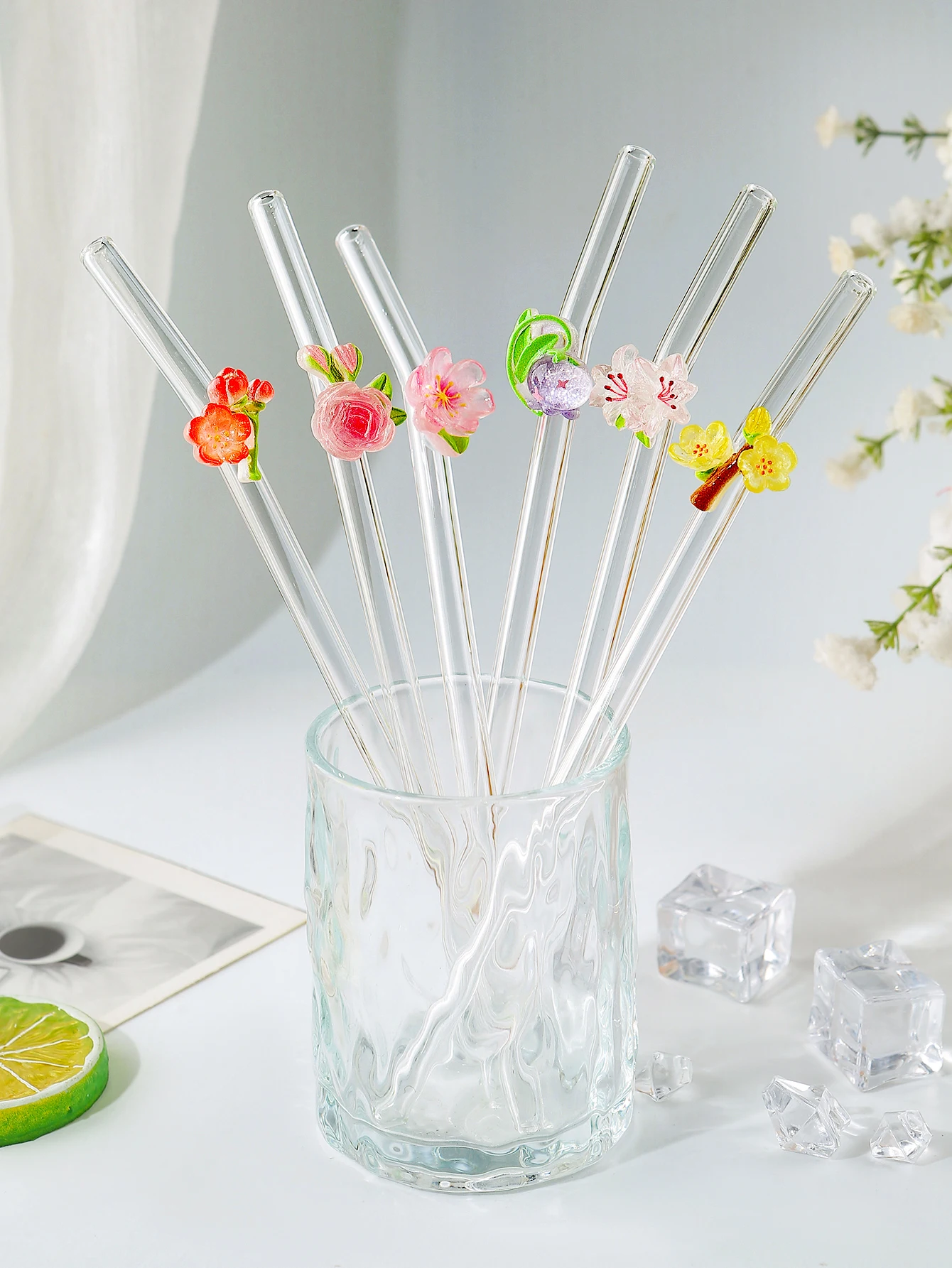 6PCS Floral Combo Glass Straws,Reusable Curved for Coffee, Milk Tea, Juices, Smoothies, Hot/Cold Drinks. Perfect for Parties view 2
