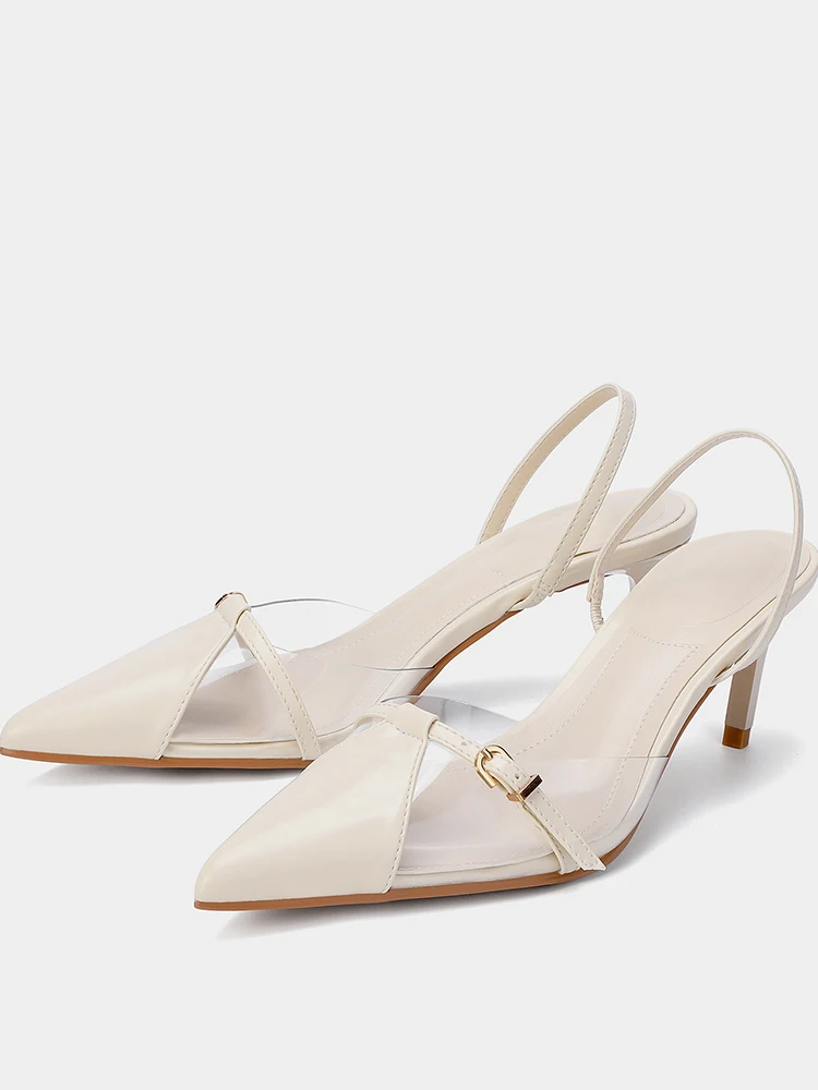 

Women's Sandals 2025 Summer New Transparent Splicing Pointed Toe Low Cut Thin Heel Mule Shoes Buckle Simple Style PU Lined Flats