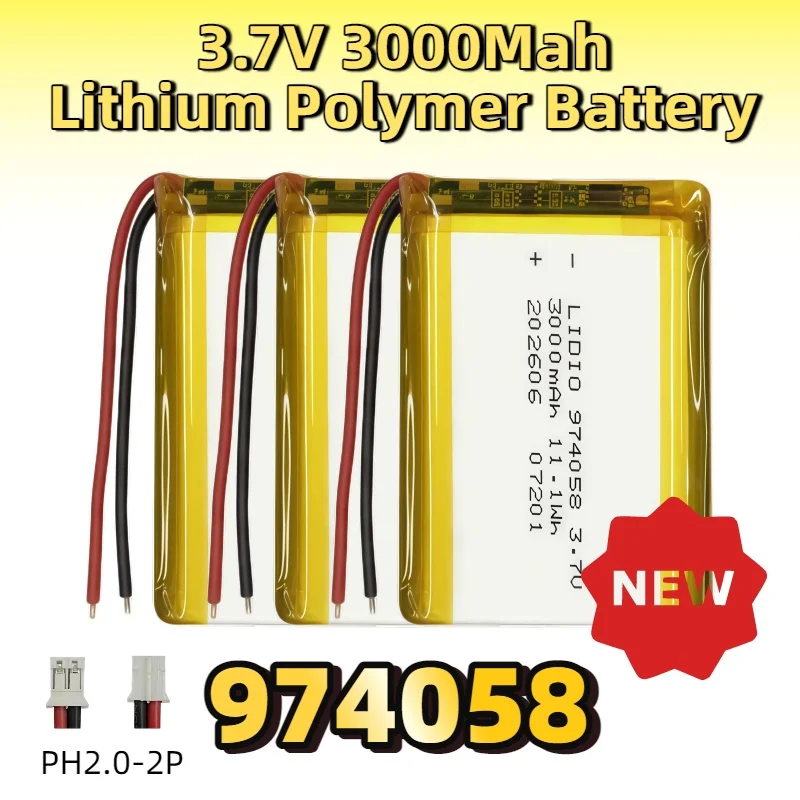 Bateria Lipo 974058 3000mAh 3.7V Baterias de Polímero de Lítio PH2P para Medidor de Massagem, Navegador GPS, Aeromodelismo, Célula Recarregável