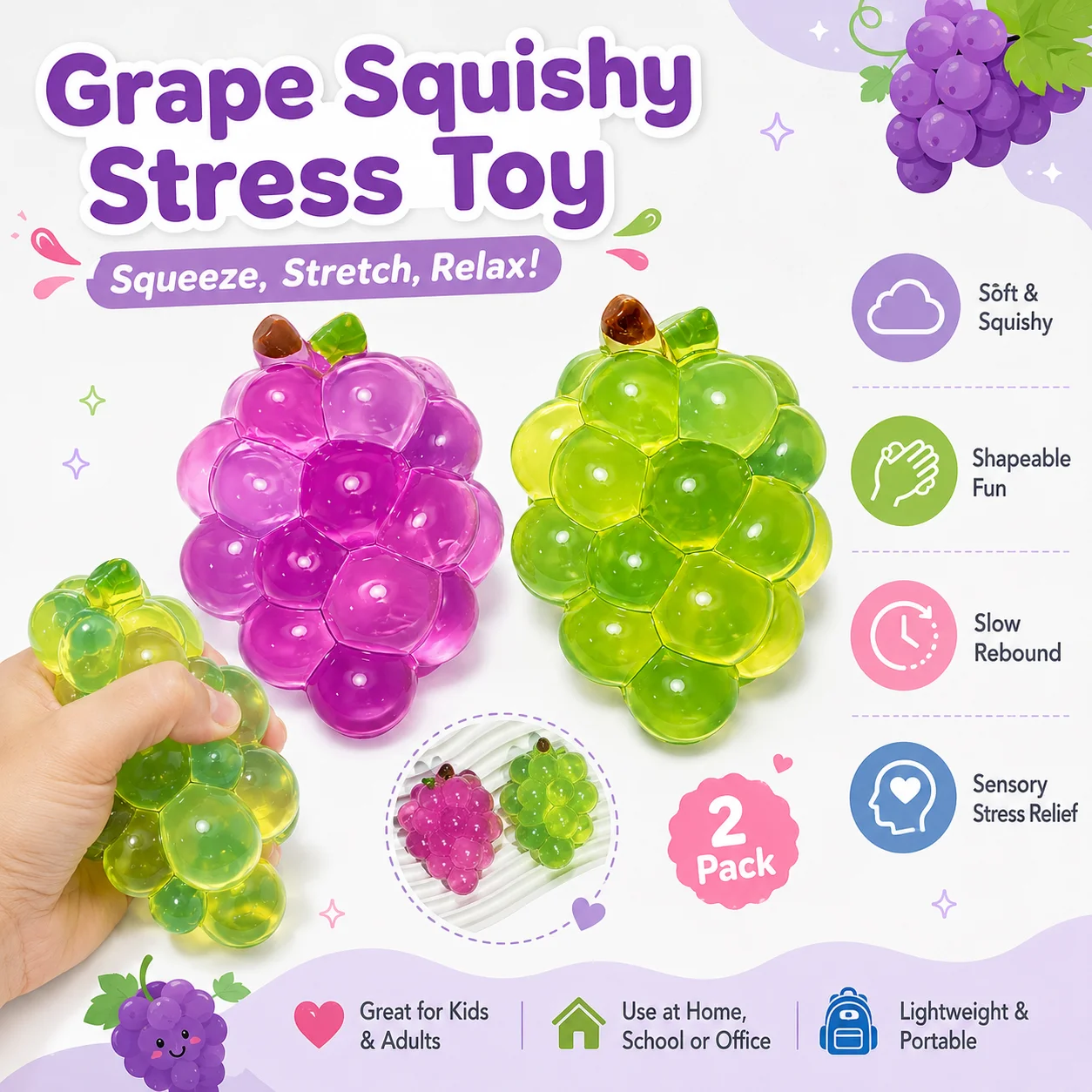 Single Pack Transparent Grape Shaped Slow Rebound Squishy Stress Toy Soft Stretchable Clear Fruit Squeeze Fidget Toy Two Colors Available Portable Palm Size Sensory Relax Gift For Kids Adults Office School Home Daily Decompression