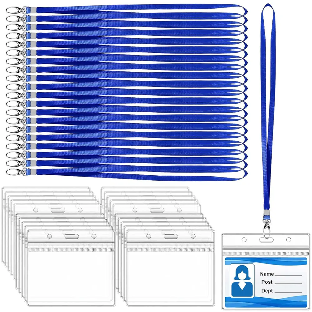 50-Pack Clear PVC ID Badge Holders with Blue Lanyards, Waterproof Sleeves & Metal Swivel Hooks for Office, School and Events