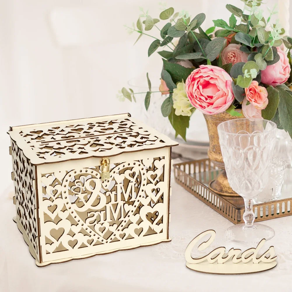 Wooden Wedding Card Box Wedding Decoration Supplies DIY Mr&Mrs Couple Flower Pattern Envelope Sign Cards Wood Box — zdjęcie 4