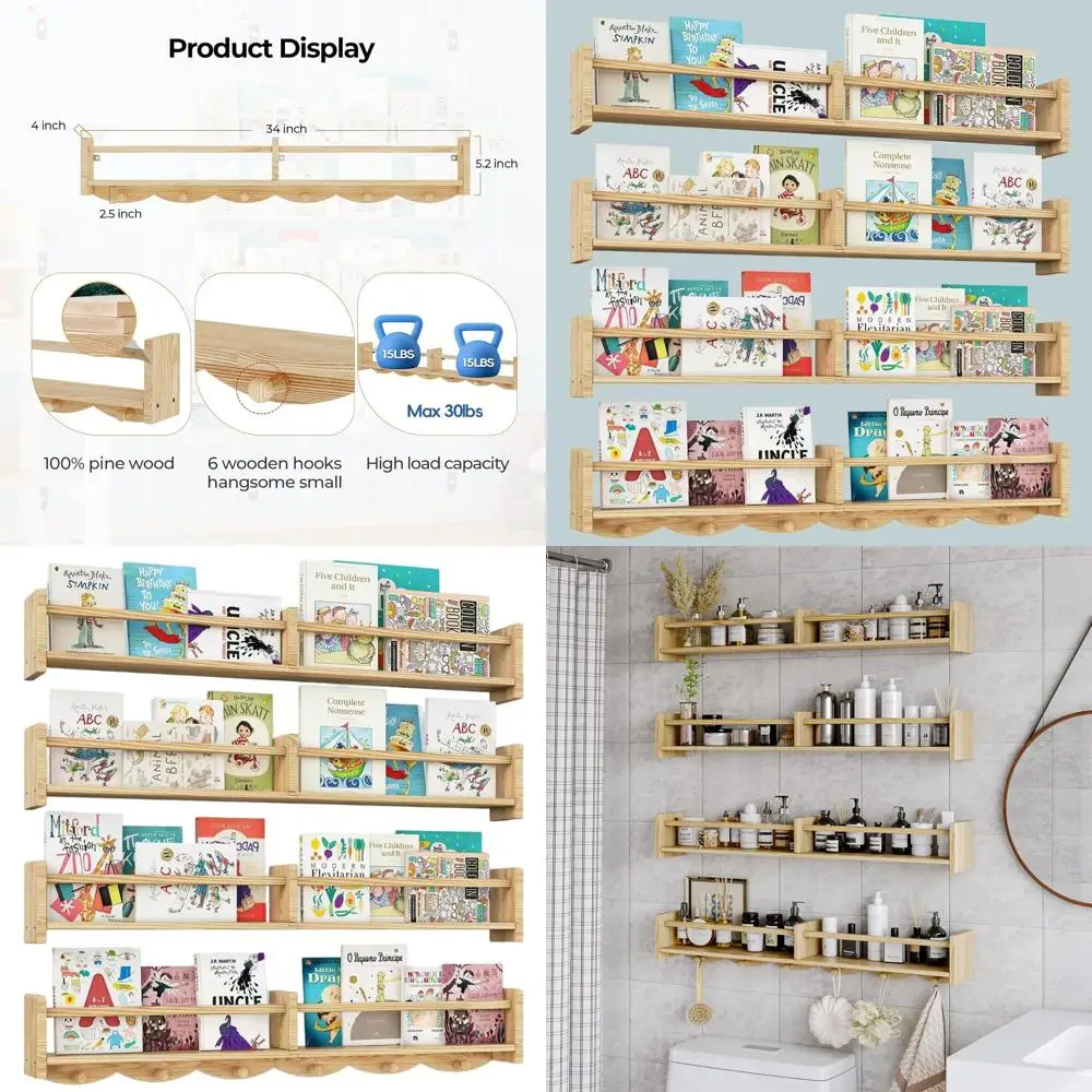

34 Wall-Mounted Nursery Bookshelf with 6 Coat Hooks, Floating Shelves for Kids' Room, Organizer for Baby's Nursery in Burlywood