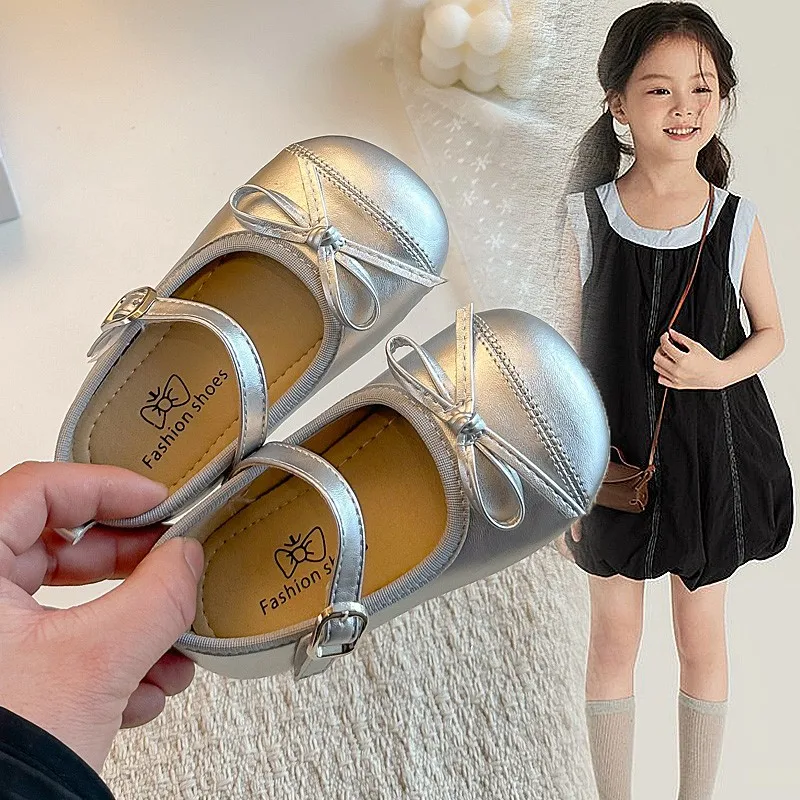

Детские кожаные туфли для девочек на весну-осень 2026, корейский стиль, с мягкой подошвой, бантом, нескользящие, модные, для принцесс