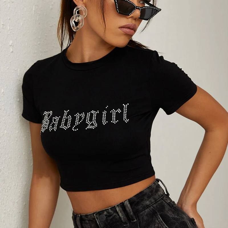 Rhinestone Punk Vintage Baby Girl Letters T-shirt Black Gothic Y2k Clothes Summer Tops Harajuku Short Sleeve Crop Tops Baby Tees