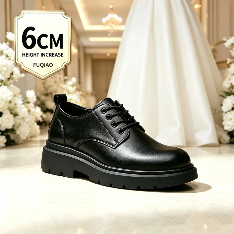 Men Hidden Elevator Shoes 6CM Height Boost Comfortable Black Leather Lace Up Height Increase Business Casual Formal Oxford Shoes