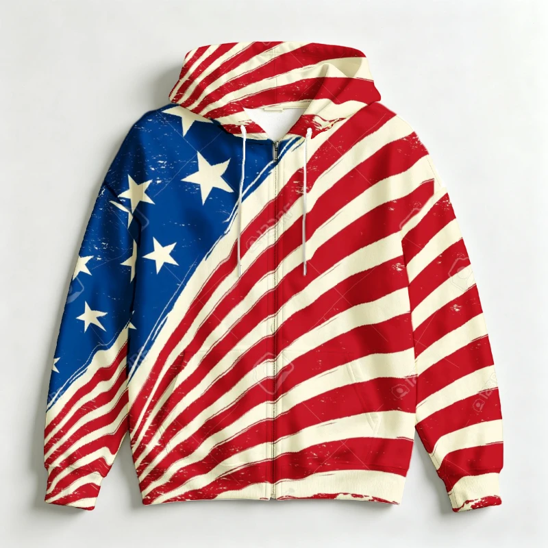 Men Zip Up Hoodie 3D American Flag Print Drawstring Long Sleeve Casual Street Sweatshirt Male Outerwear