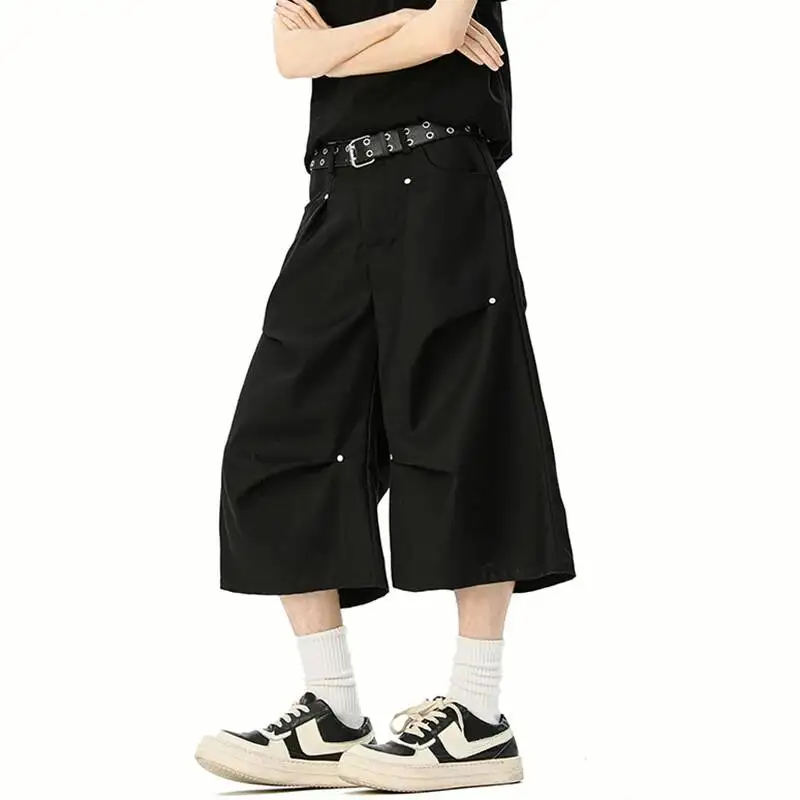 Khaki Men's Minimalist Wide Leg Shorts Rivet Detail High Waist Loose Casual Summer Fashion Knee Length Pants 7UJL