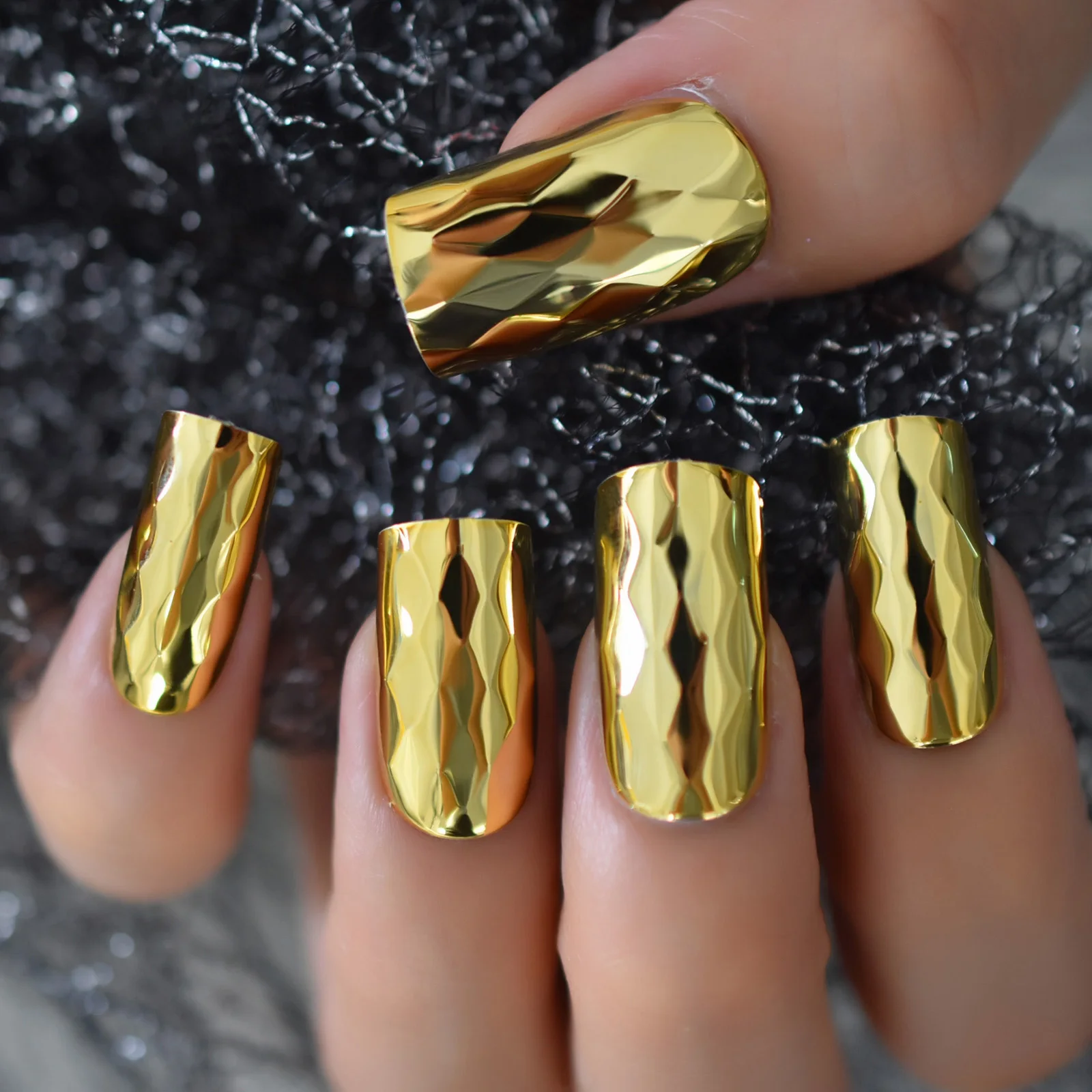 Metallic Mirror Gold Color Fake Press on Nails Tip 3D Rhombus Designs Square Full Cover Artificial Women Wearable False Nail