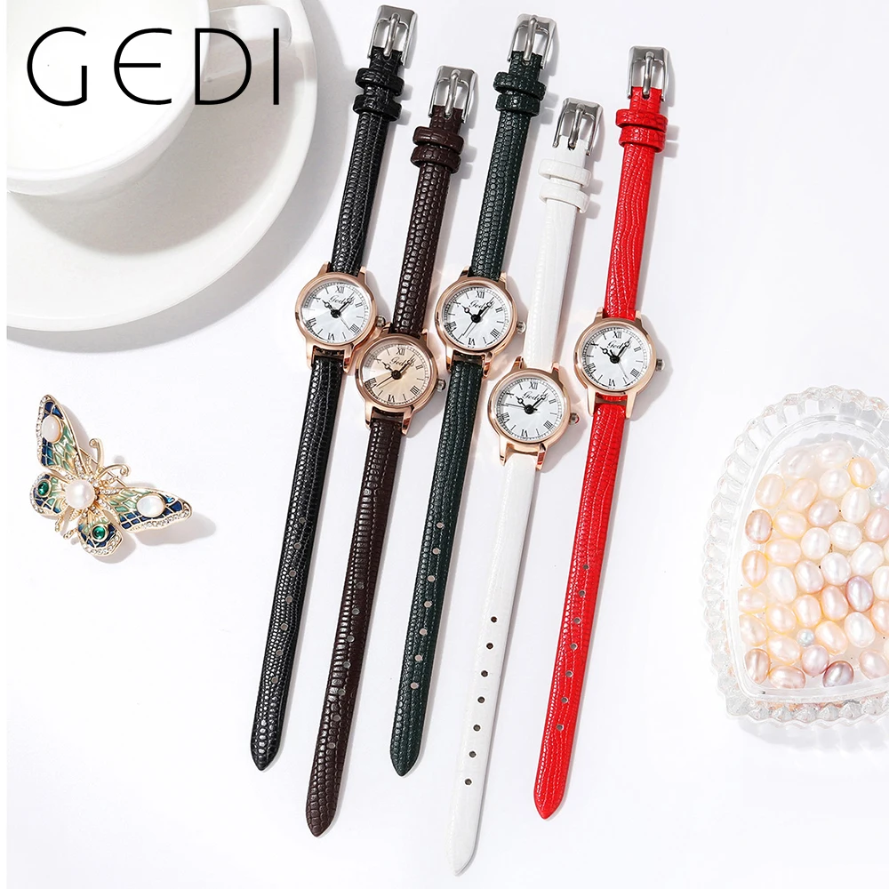 GEDI Ultra-thin Watch Women Luxury Brand Small Quartz Wristwatch Ladies Watches PU Leather Band Roman Scale Water Resistance 30m