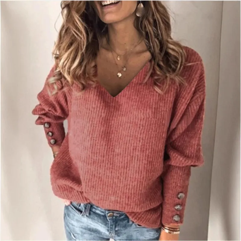 Women's Spring Autumn Loose Long Sleeve Knitted Top Solid V-Neck Knit Sweater T-shirt Pullover Female Tops For Women 2025