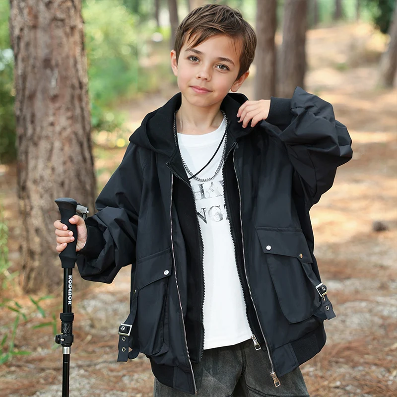 

Boys autumn clothing teenager jacket hooded children's top loose zipper outdoor splicing fake two-piece jacket casual top coat 5