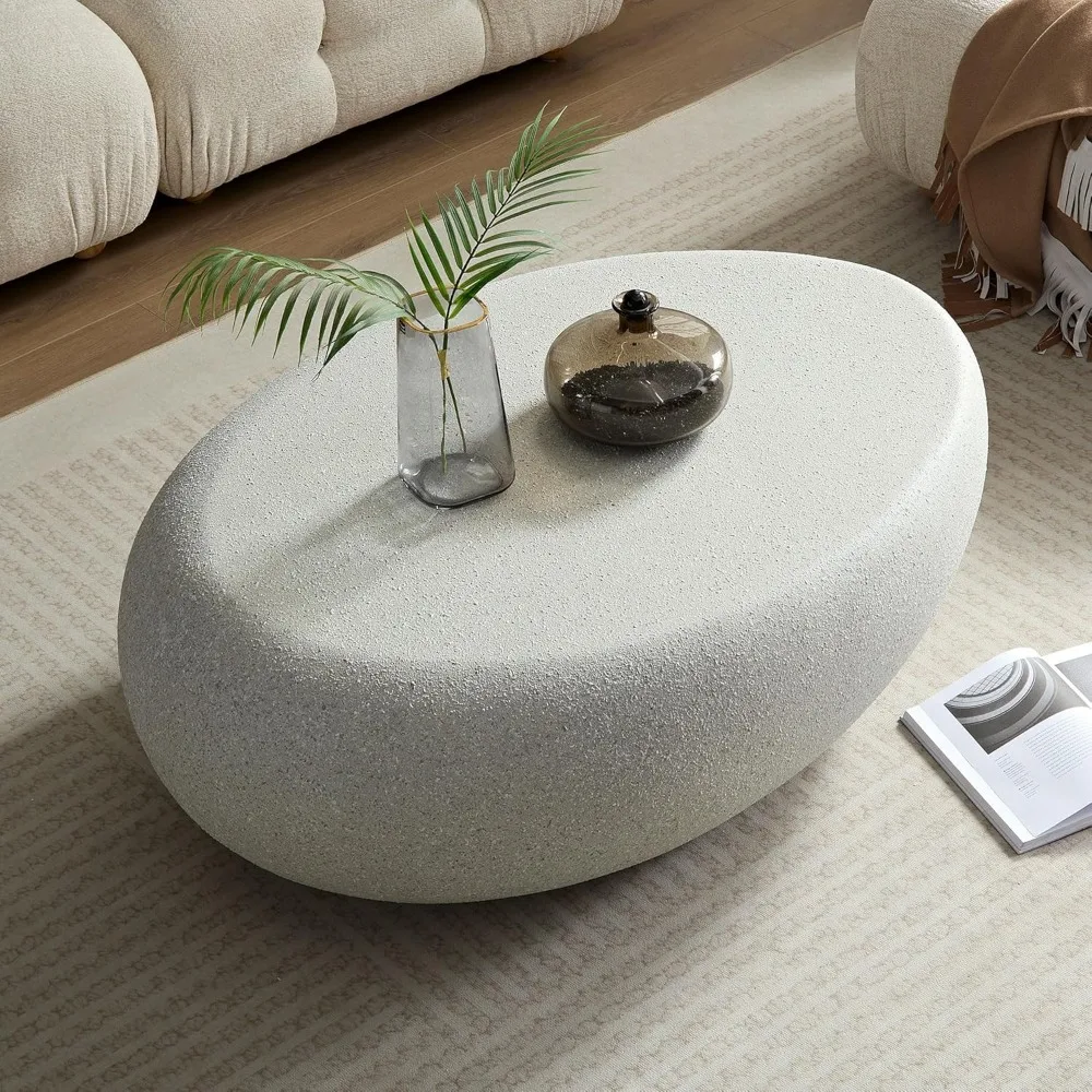 Coffee Table with Grainy Matte Rocks Pattern, Modern Irregular Center Table, Fiberglass Coffee Table No Need Assembly