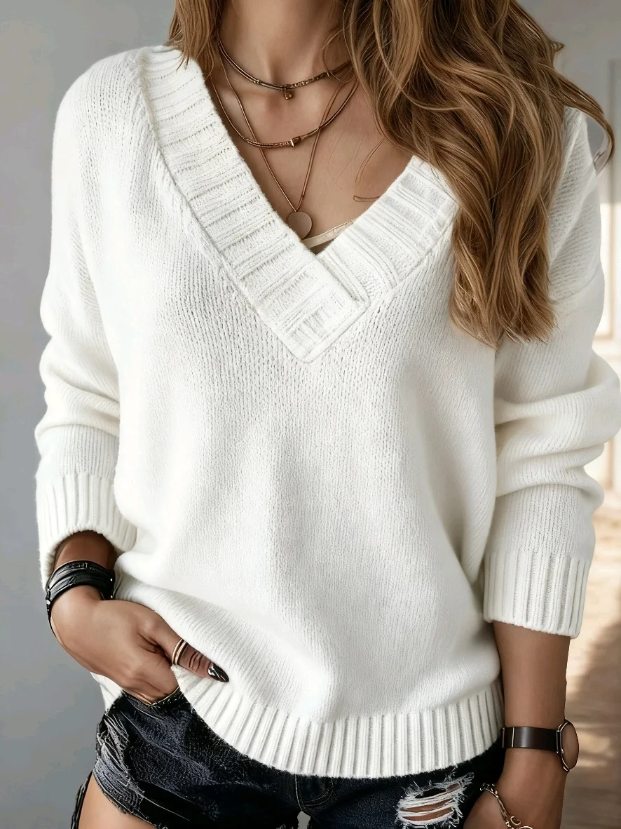 Loose V-Ne Long Sve Pure Color Sweater Women's Autumn Winter Comfortable Casual Sle Pullover Sweater Online Exclusive