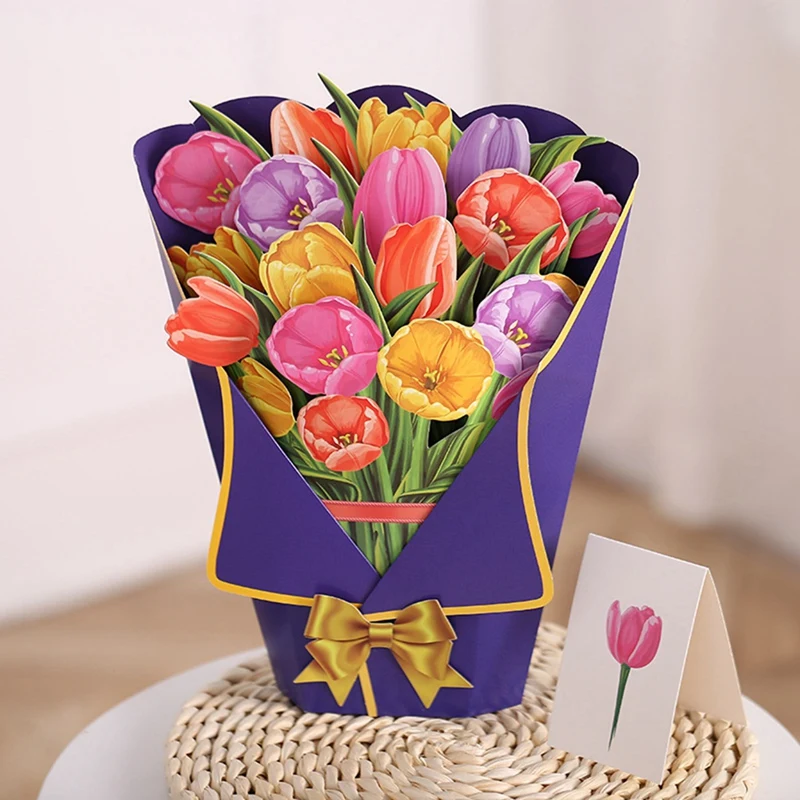 Flowers Bouquet -Up Cards 3D Paper Flowers Bouquet With Note Card And Envelope Valentine's Day Greeting Card