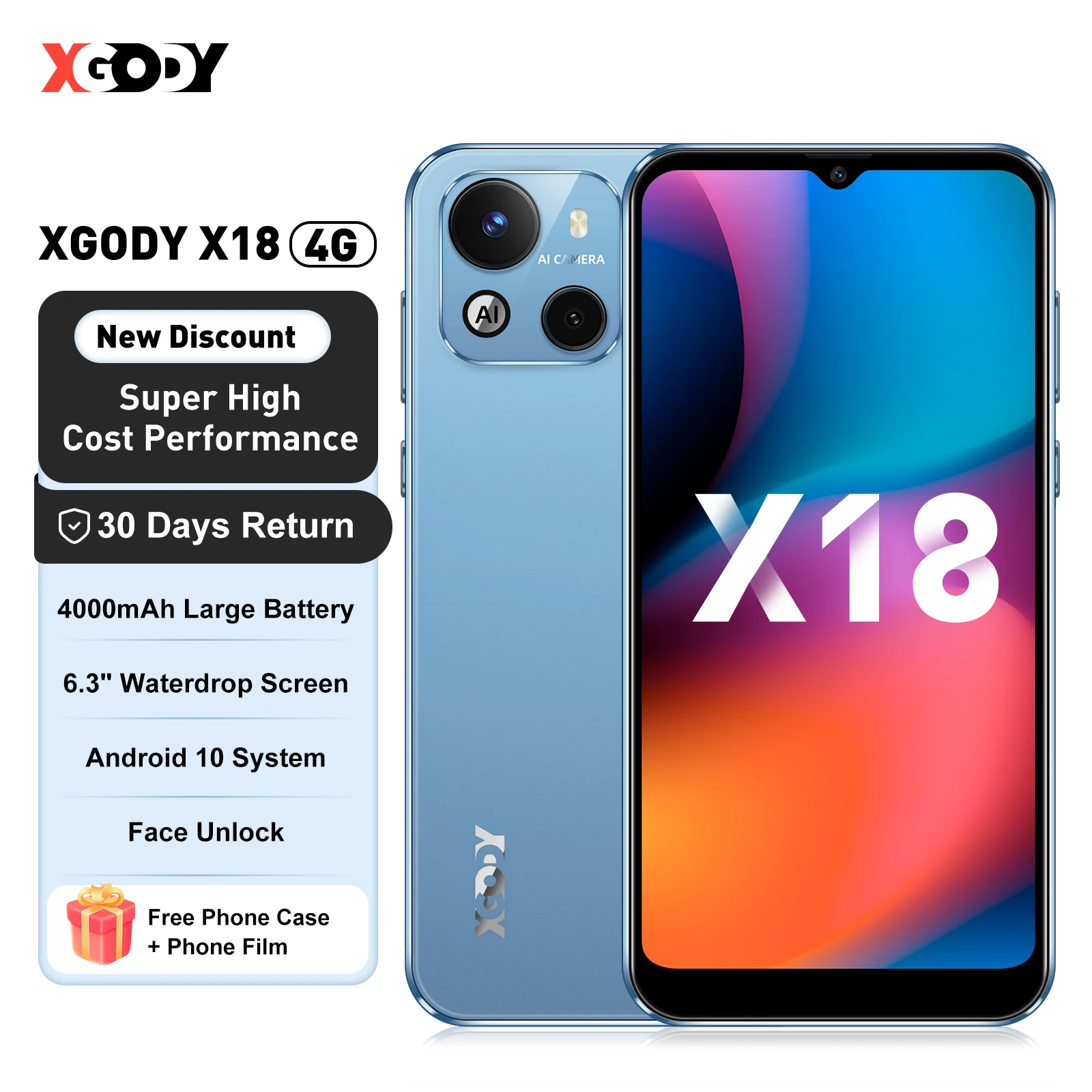 XGODY X18 ,4G Smartphone Android,6.3 Inch,2+16GB ROM,4000mAh Battrey,Cell Phone,Dual SIM 4Core,8MP,Mobile Phones,Free Case Films