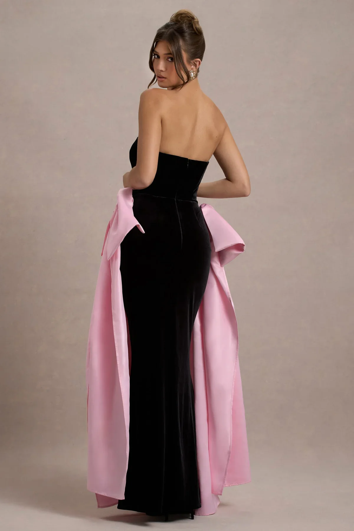 Couture Modest Black Velvet Mermaid Formal Dresses With Pink Bow Decoration Strapless Long Women Maxi Dress To Party