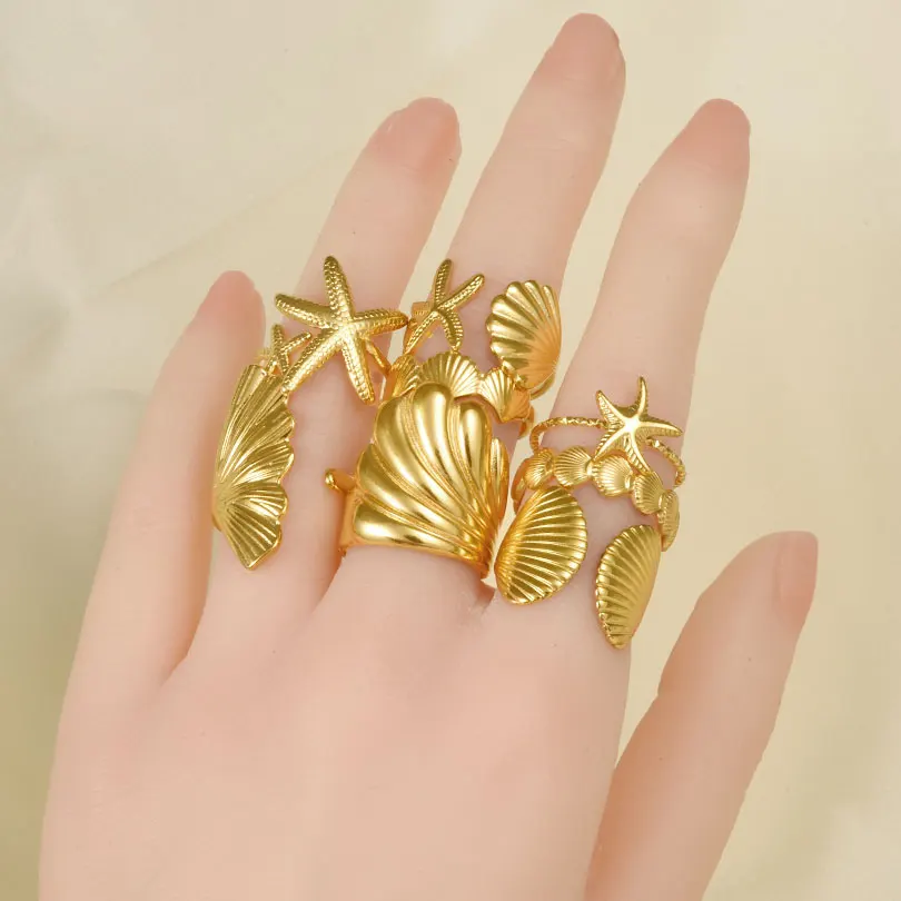 7pcs Individuality Fashion Stainless Steel Marine Animal Ring Starfish Conch Shell Sell Well Rings For Women Men Finger Jewelry