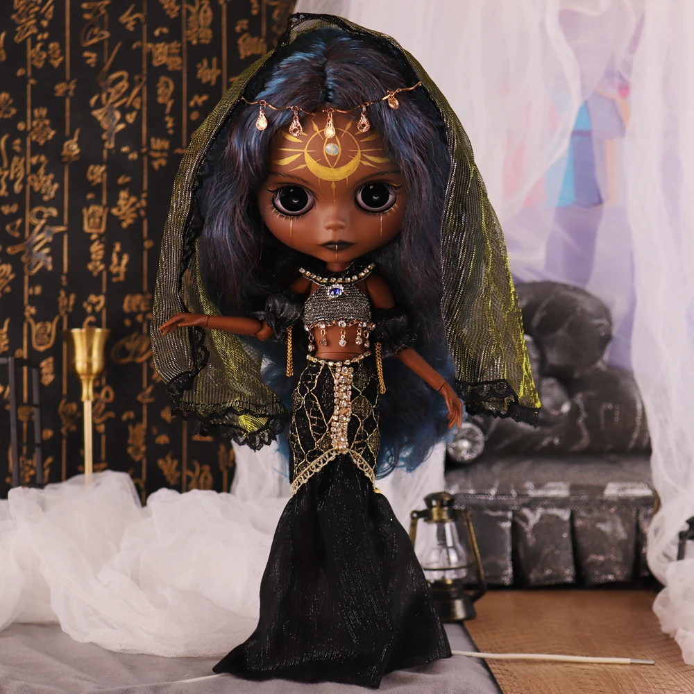 

ICY DBS Blyth Кукла Темная кожа Матовое лицо Бог Солнца Ручная роспись Макияж Экзотическая красота Юбка-русалка Фестивальный подарок Подарок на день рождения