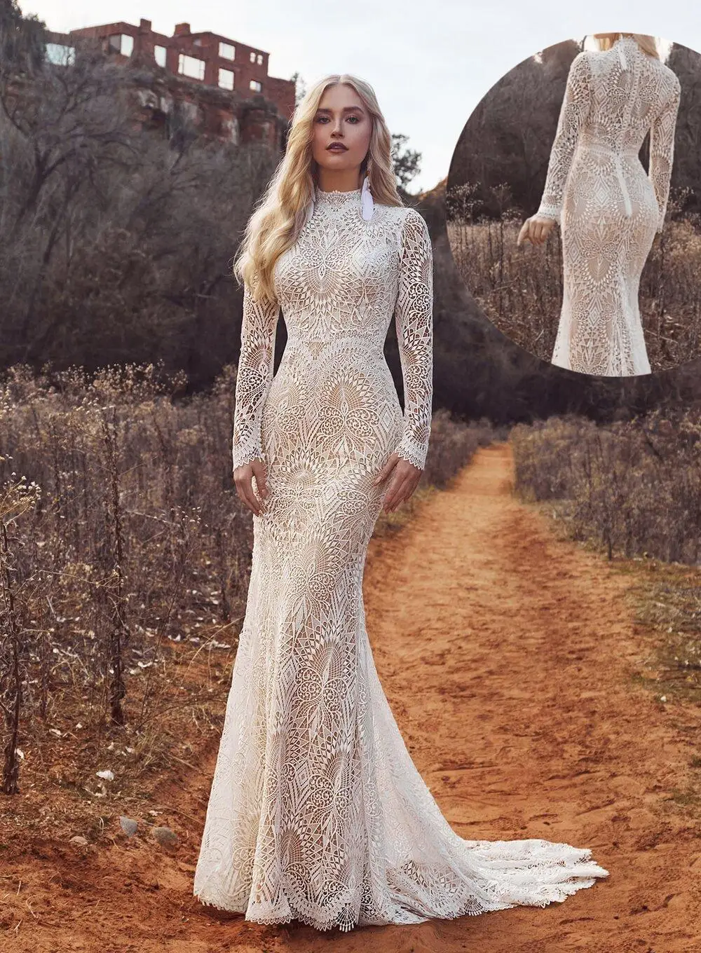 11797# Bohemian Vintage Lace Long  Sleeves Boho High  Neck Lace Sweep Train Mermaid Wedding Dress Wedding Bridal Gown Custom