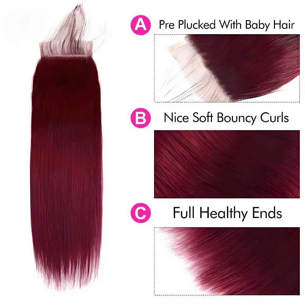 MAGICSTONT 99J 4x4 ปิดลูกไม้วิกผม, บราซิล Body Wave ฟรีส่วนปิดลูกไม้ Burgundy 150% ความหนาแน่นหลวม Wave ปิดลูกไม้