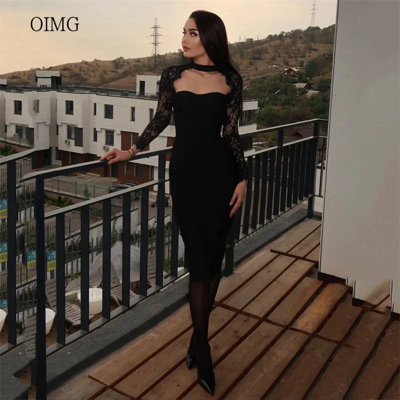 

OIMG Black Mermaid Prom Gowns Lace Long Sleeves Party Gown Knee Length Evening Dress vestidos de fiesta Customized
