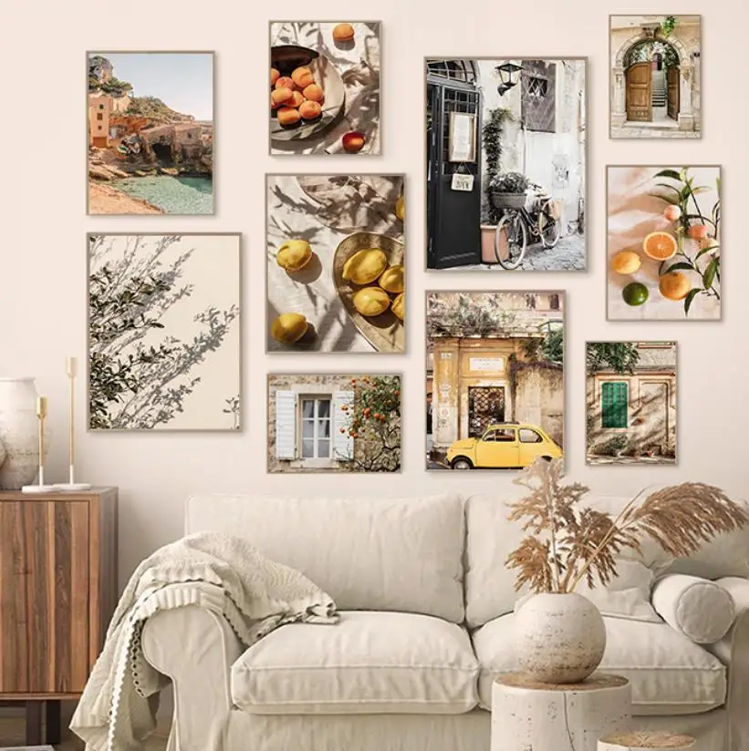 Nordic Europe Town Casual Landscape Canvas Picture House Beach Courtyard Sunlight Car Poster Lemon Bohemian Living Room Paint