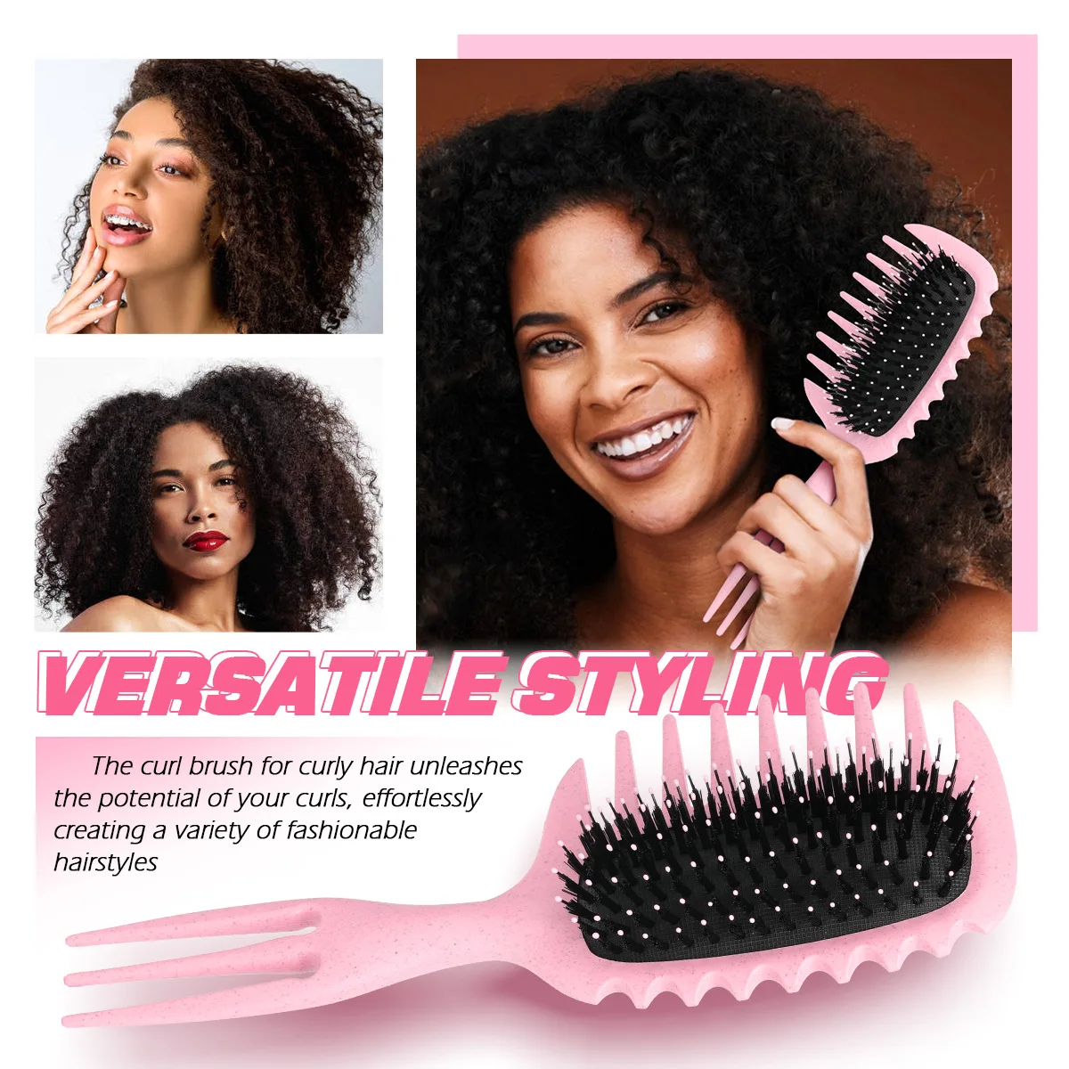 Anti Static Comb Curl Defining Styling Brush 3 Prong Wide Teeth Air Cushion Massage Brush for Home Salon Curly Hair Wet Dry Use
