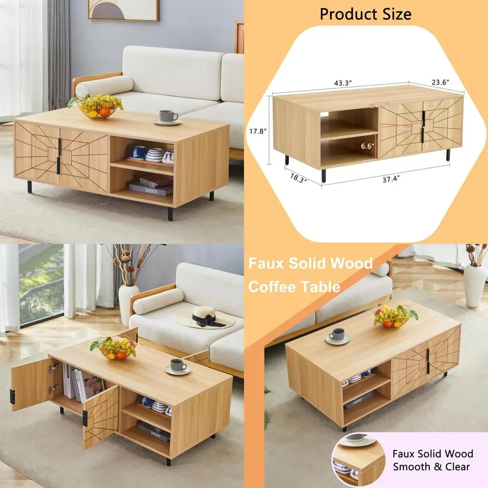 

Large Rectangular Modern Coffee Table with Storage, Light Wood Finish, Mid-Century Style Center Table