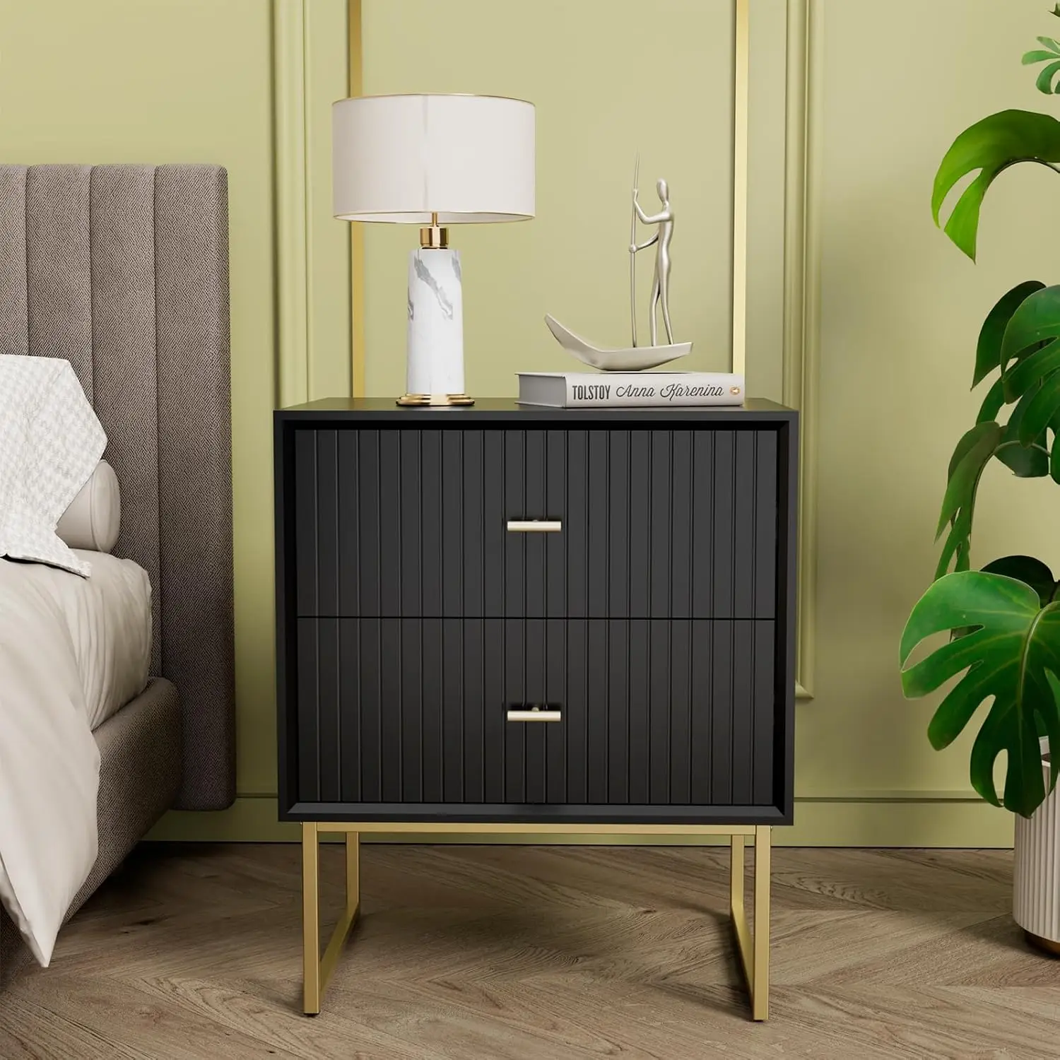 طقم منضدة سوداء مكونة من 2، طاولات بجانب السرير خشبية حديثة مع أدراج ومقابض معدنية #4