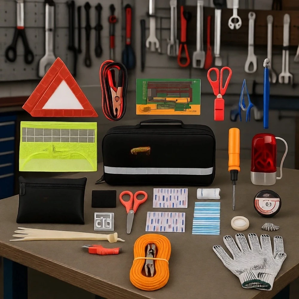 

Complete Roadside Emergency Kit with Jumper Cables Tow Rope Triangle Tire Gauge for Car Truck Safety