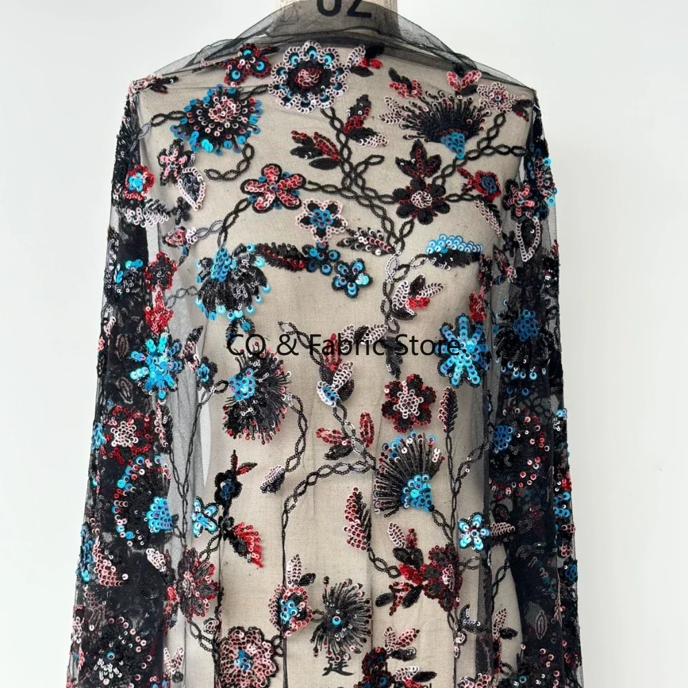 

Black Luxurious 3D Sequin Embroidered Mesh Lace Fabric for Evening Gown Cheongsam Designer, Glittering and Shining