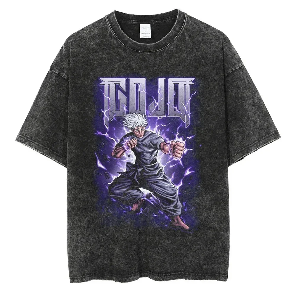 Jujutsu Kaisen 2025, Sommer-Anime-T-Shirt-Set für Herren, Vintage-Stil, gewaschene Baumwolle, kurzärmelig, Tops, Grafik-T-Shirts, Gojo Satoru, lila Flamme