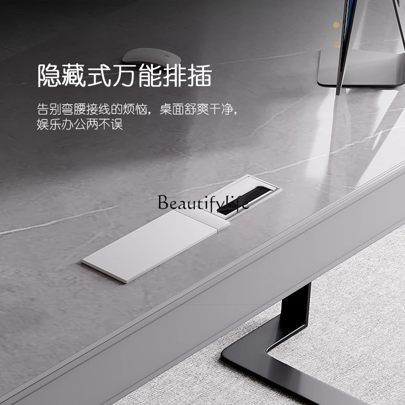 Italian minimalist light luxury rock slab writing desk household creative high-end stainless steel computer desk