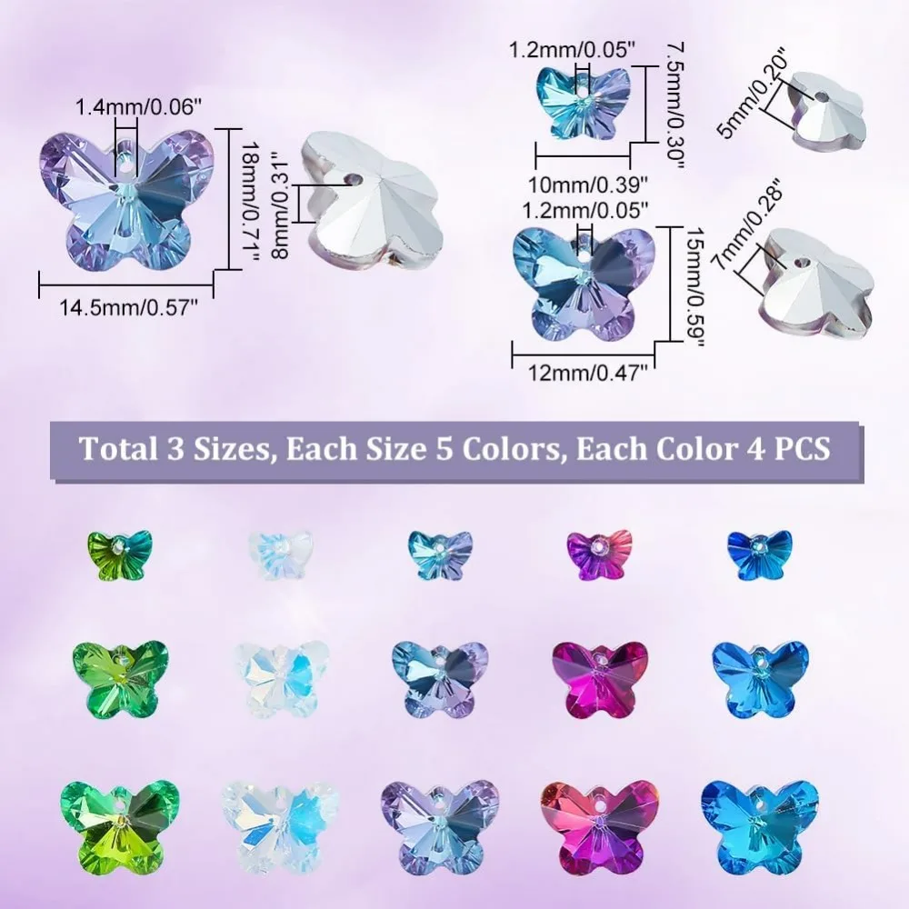 60 Pcs Butterfly Glass Beads, 15 Style Butterfly Spacer Beads, Top Drilled Butterfly Crystal Facted Glass Beads Bulk for Earring