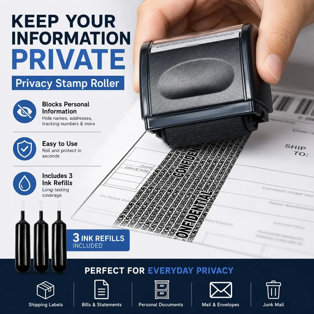 Privacy Protection Roller Stamp Identity Data Blocker Stamp With 3 Refill Ink Address Information Security Roller For Package