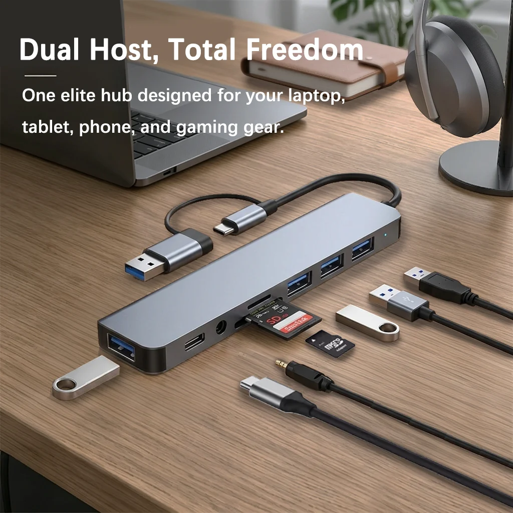8 in 2 USB C Hub, Dual Host Docking Station with SD/TF Card Reader, 8-Port Type C Multiport Adapter for Laptop, Tablet, Phone, G