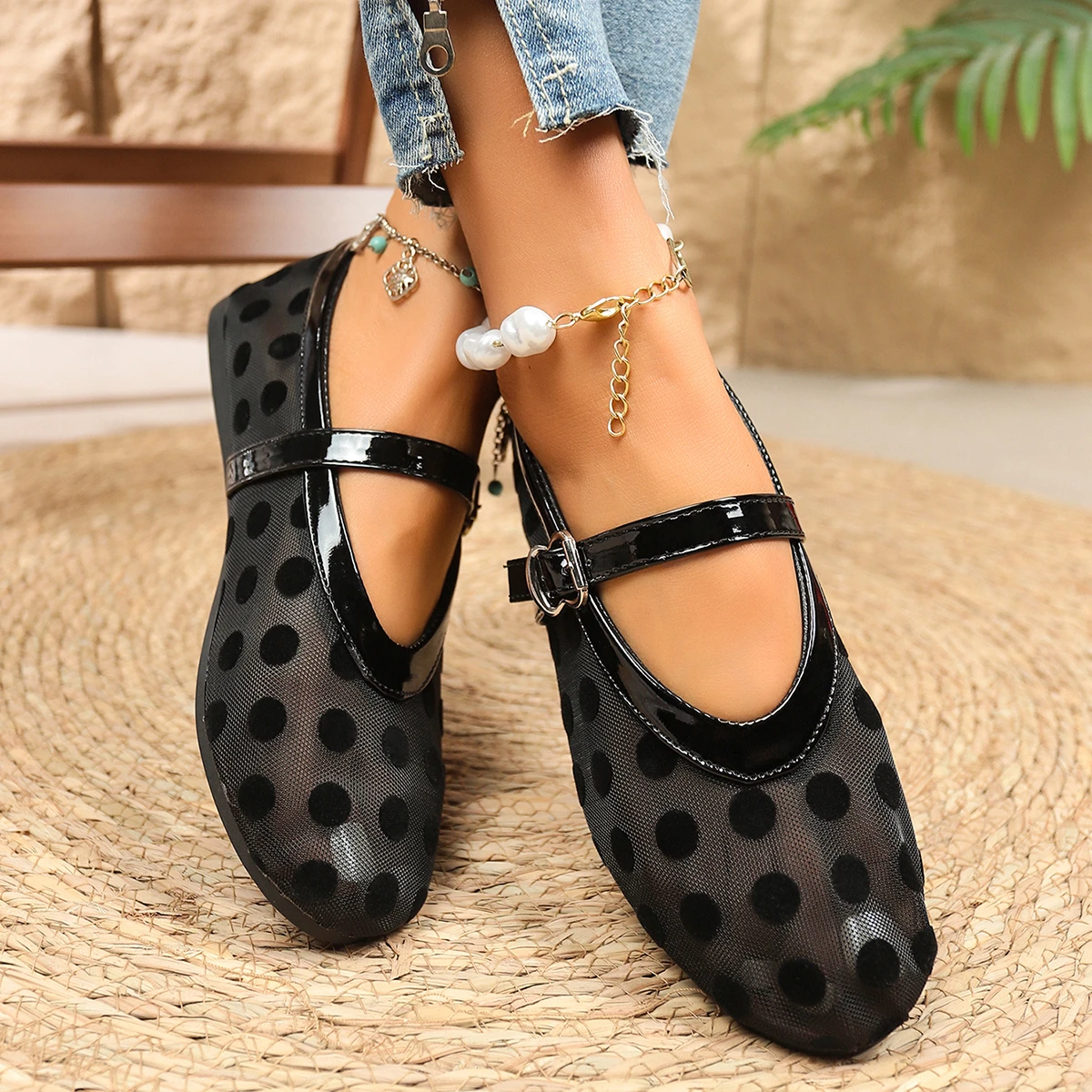 2026 Damen Ballerinas mit Netzstoff und Polka Dots, Vintage Mary Jane Schuhe mit runder Zehenpartie, Übergrößen Damenschuhe Größe 36-43 – Detail 6