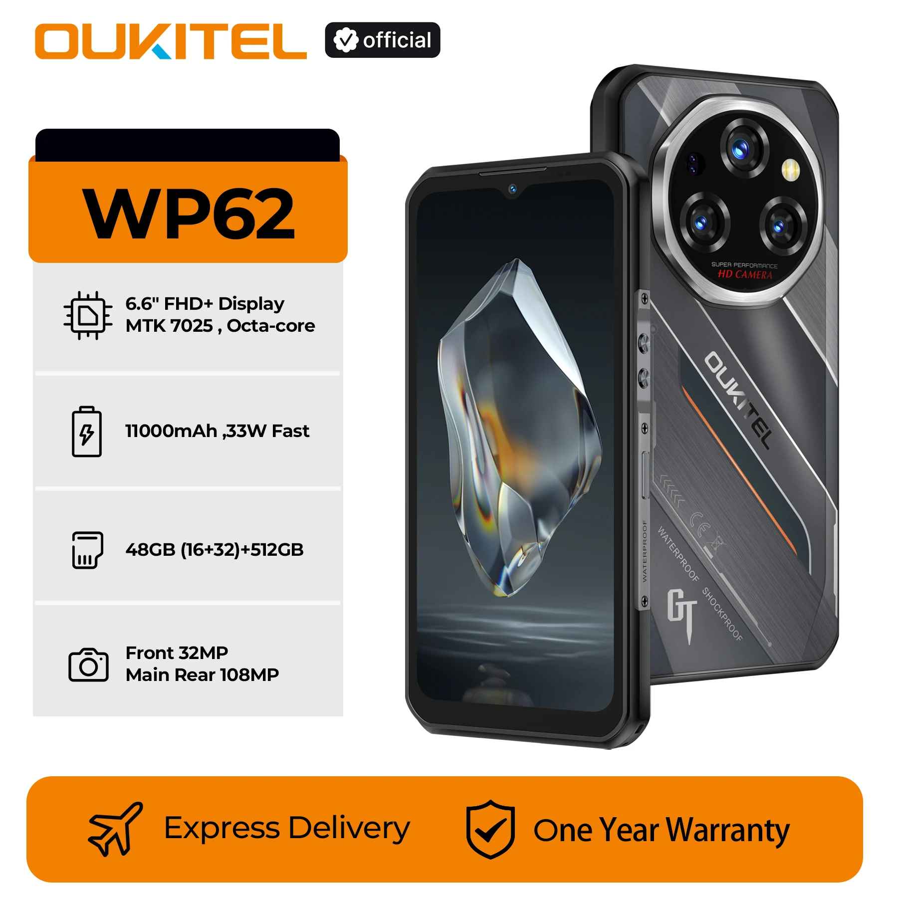Oukitel WP62 5G Rugged Smartphone Android 15, 6.6'' FHD+ 108MP Camera 48GB(16+32) +512GB Mobile Phone, 11000mAh 33W Cellphone