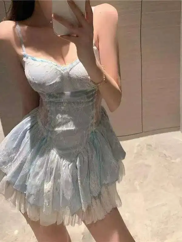 Sexy Suspender Dress Elegant Women's Sweet Pure Desire Lace Hollow Out Slimming Fluffy Dress Blue Sweet Mini Dress Tops TQE8