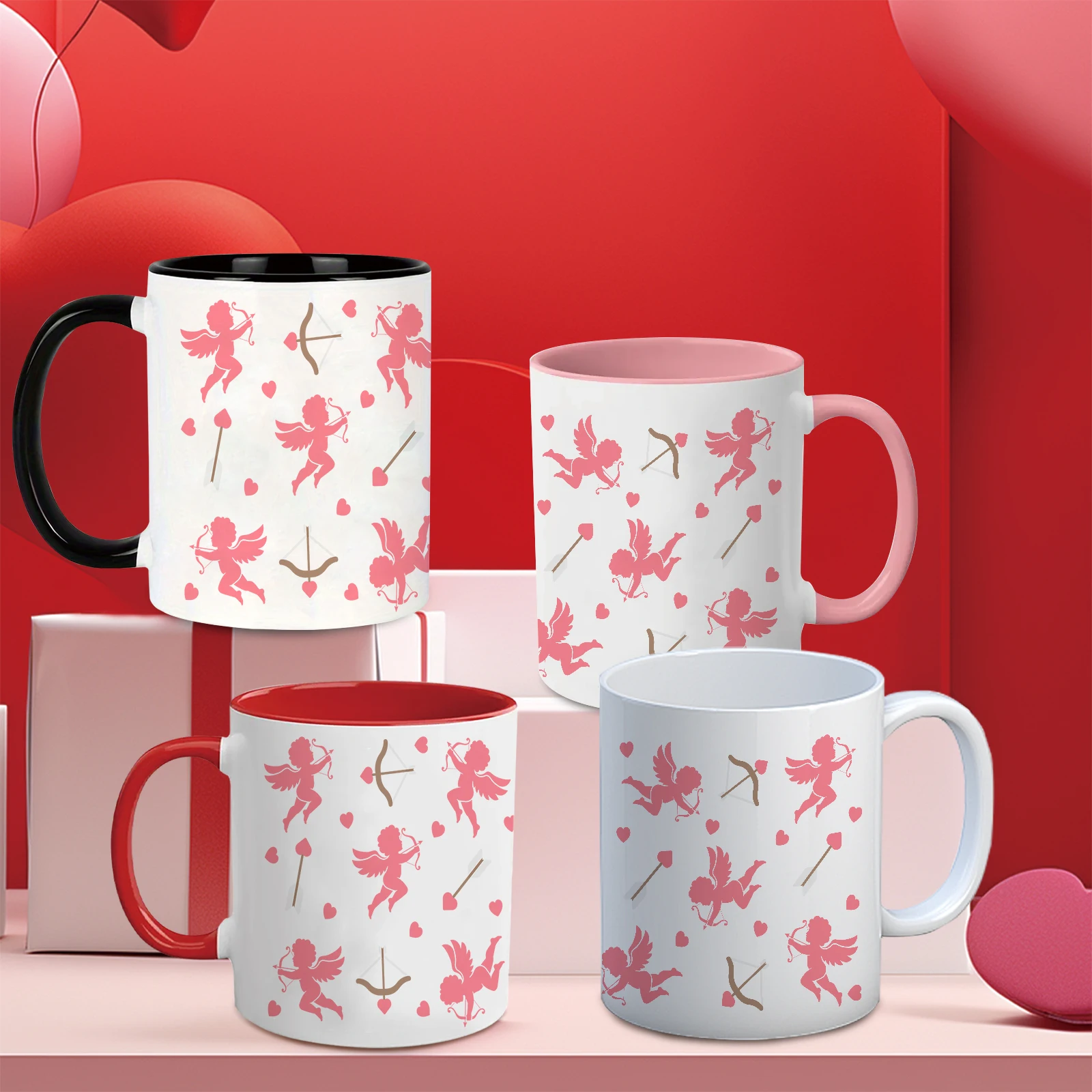 11oz Party Ceramic Mugs with Handle 3D Print Cupid & Love Bow  Arrow Exquisite Coffee Cups Valentine's Day Gift for Girlfriend