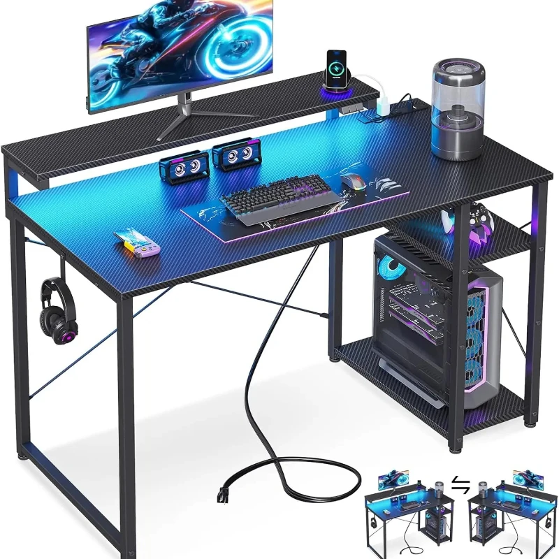 

40 Inch Small Gaming Desk with Storage & Led Lights, Computer Desk with Power Outlet & Shelf, Reversible Gamer Desk