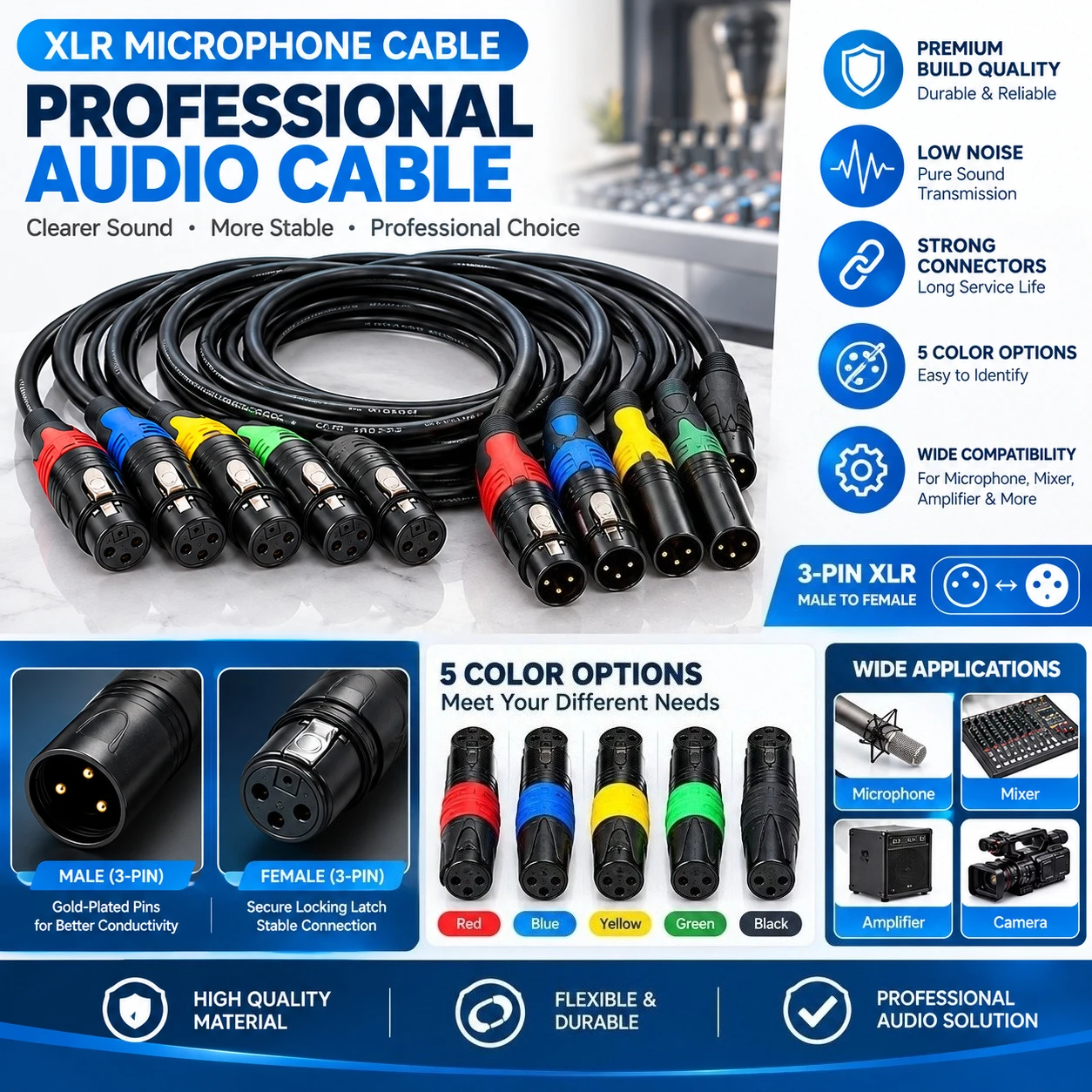 3 Pin XLR Male to Female Balanced Microphone Cable Audio Extension Cord for Mixer Audio Interface Powered Speaker Studio Stage